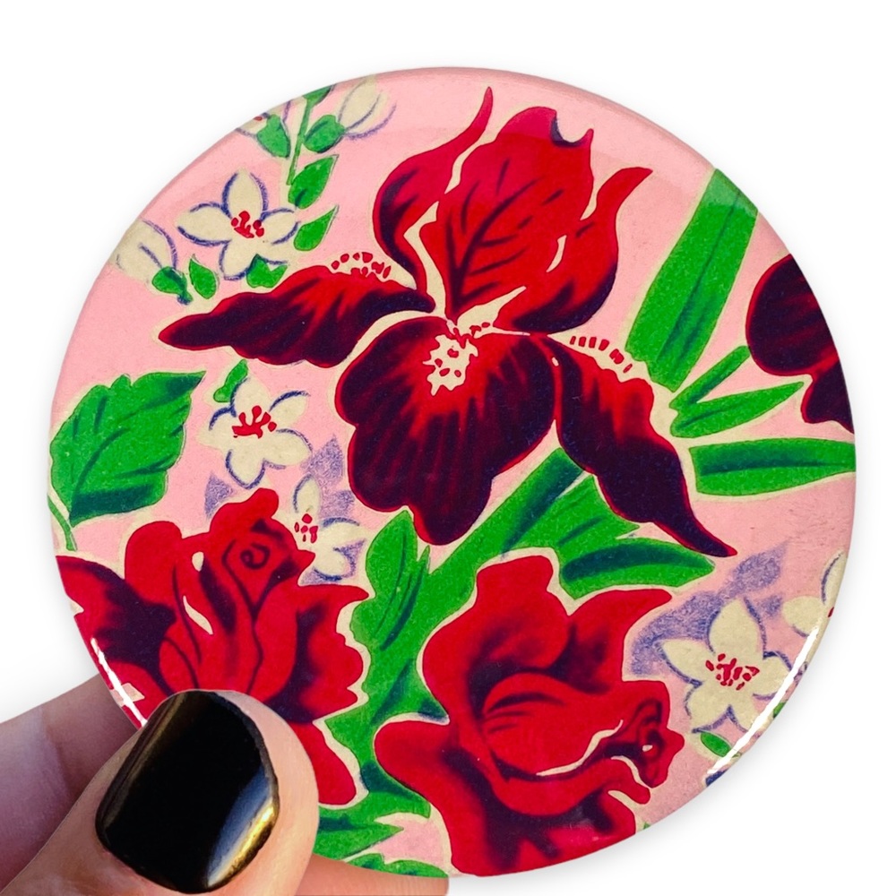 Vintage 1950's Wrapping Paper Upcycled Pocket Purse Mirror 3"